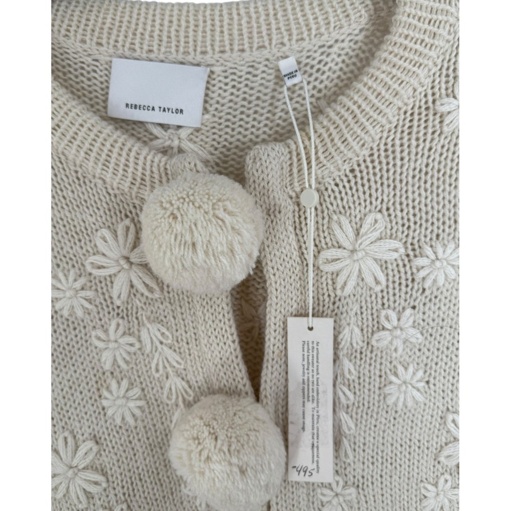 Rebecca Taylor Floral Embroidered Ivory Wool Women's XL Pom Pom Wool Cardigan - Picture 4 of 10
